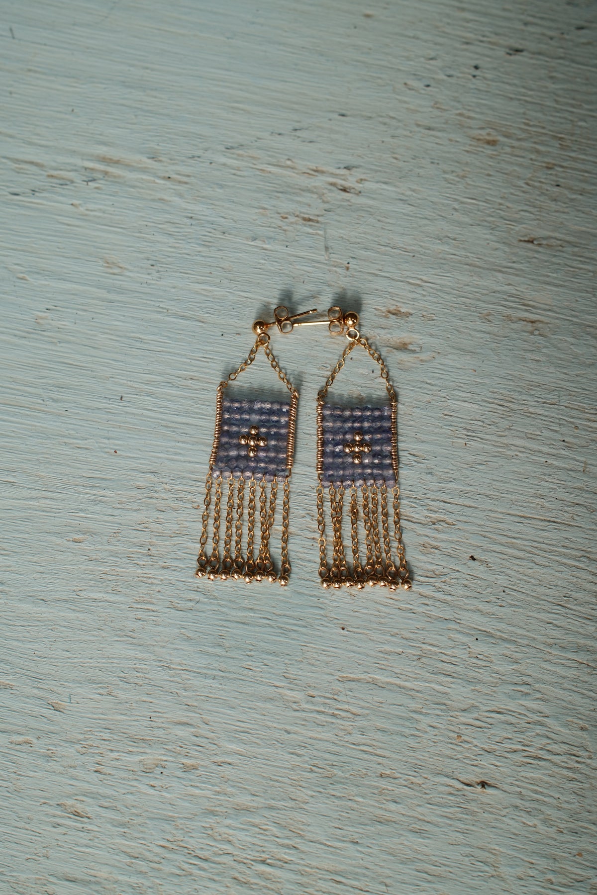 Pendent Earrings with Chain and Gold Beads - Tanzanite