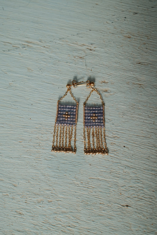 Pendent Earrings with Chain and Gold Beads - Tanzanite