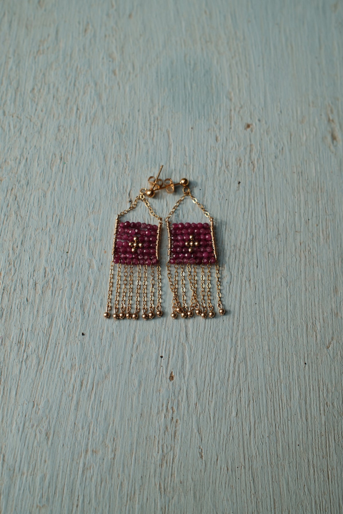 Pendent Earrings with Chain and Gold Beads - Ruby