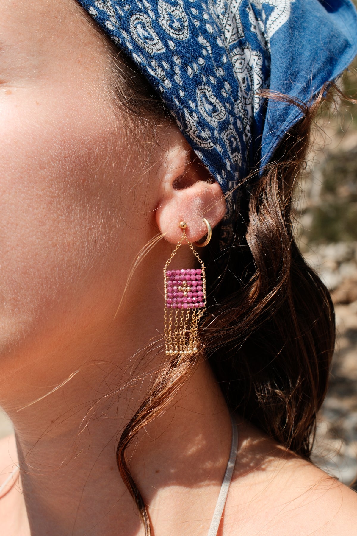 Pendent Earrings with Chain and Gold Beads - Ruby