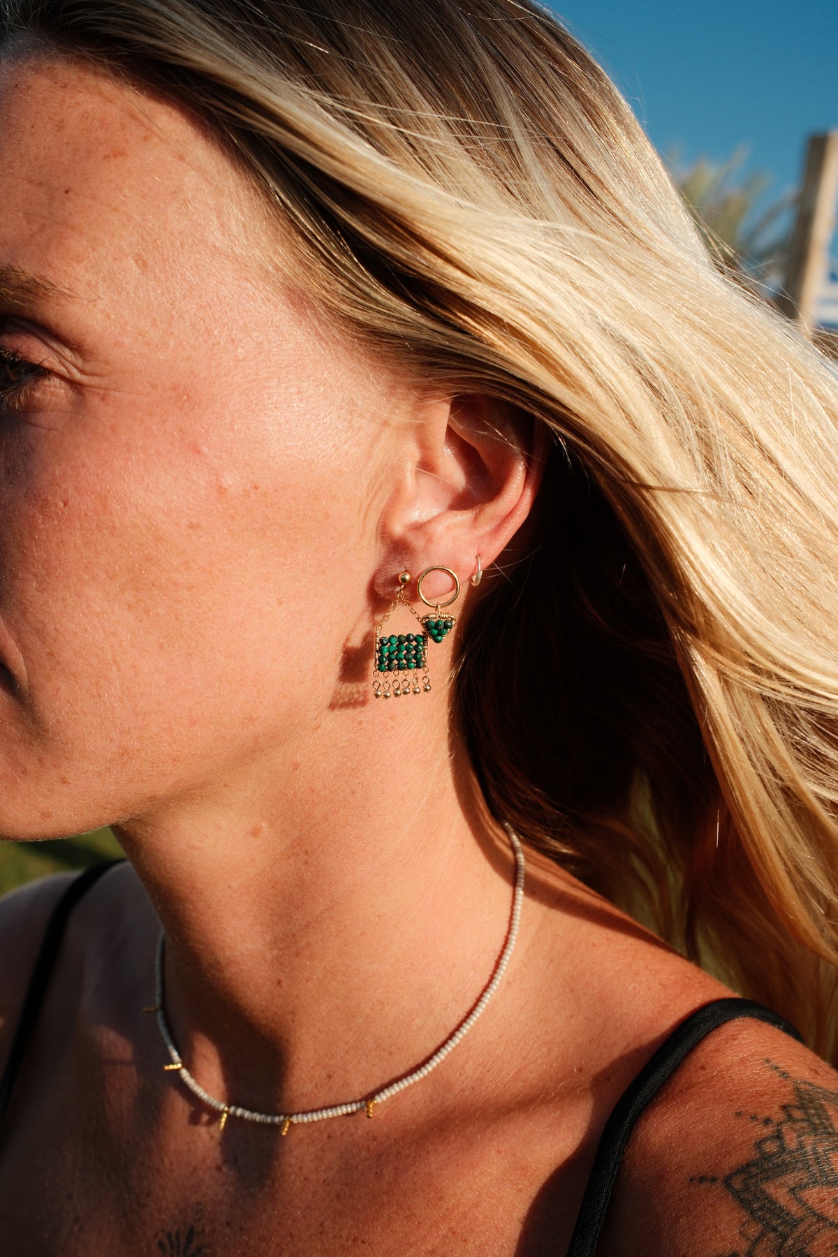 Mini Circular Triangle Stud - Malachite