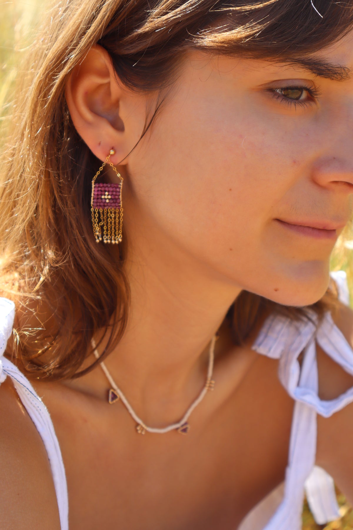 Pendent Earrings with Chain and Gold Beads - Ruby